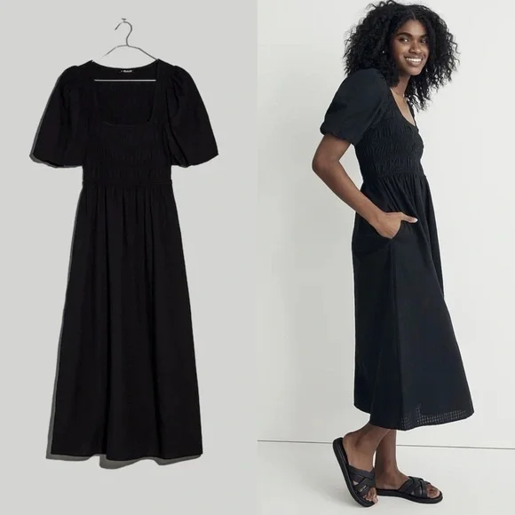 Madewell / Lucie Puff-Sleeve Midi Dress in Black - Picture 2 of 7